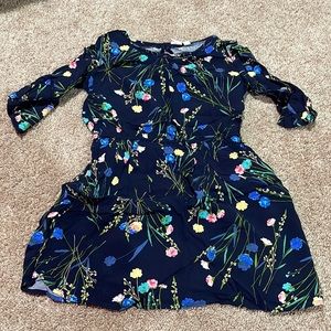 navy blue floral quarter sleeve dress